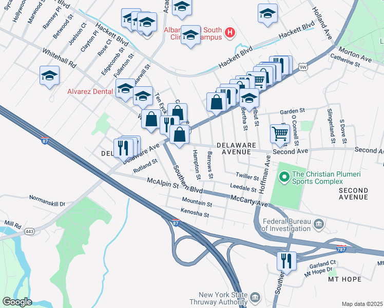 map of restaurants, bars, coffee shops, grocery stores, and more near 3 Hampton Street in Albany