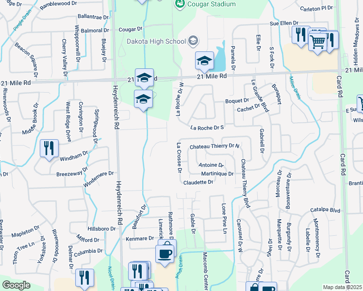 map of restaurants, bars, coffee shops, grocery stores, and more near 46395 La Crosse Drive in Macomb