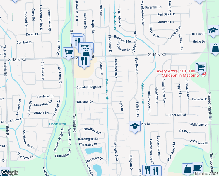 map of restaurants, bars, coffee shops, grocery stores, and more near 16685 Durham Drive in Macomb