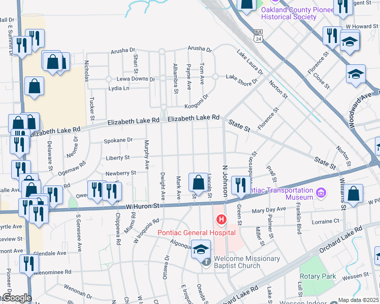 map of restaurants, bars, coffee shops, grocery stores, and more near 118 Thorpe Street in Pontiac