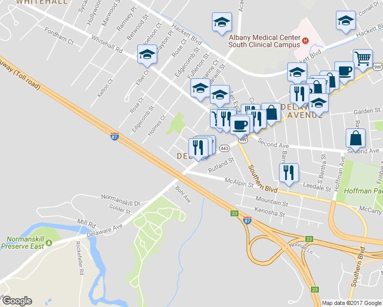 map of restaurants, bars, coffee shops, grocery stores, and more near 7 Albion Avenue in Albany