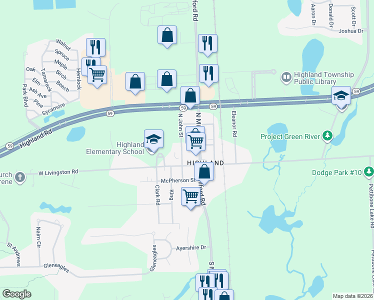 map of restaurants, bars, coffee shops, grocery stores, and more near 186 North John Street in Highland Charter Township