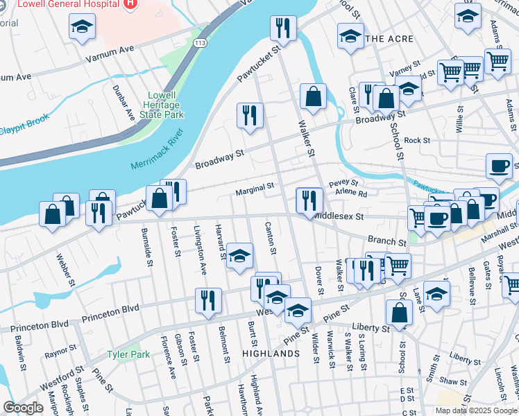 map of restaurants, bars, coffee shops, grocery stores, and more near 1181 Middlesex Street in Lowell