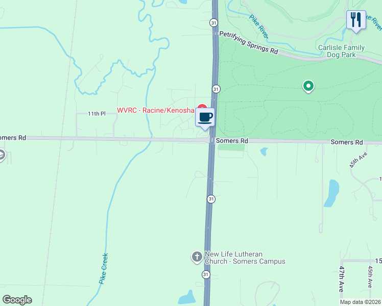 map of restaurants, bars, coffee shops, grocery stores, and more near 1250 Green Bay Road in Kenosha