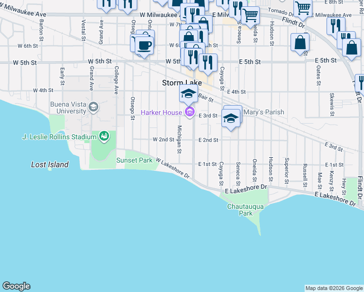 map of restaurants, bars, coffee shops, grocery stores, and more near 225 Michigan Street in Storm Lake