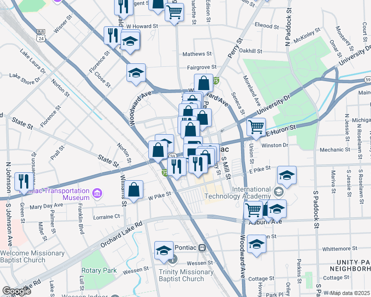 map of restaurants, bars, coffee shops, grocery stores, and more near 18 West Huron Street in Pontiac