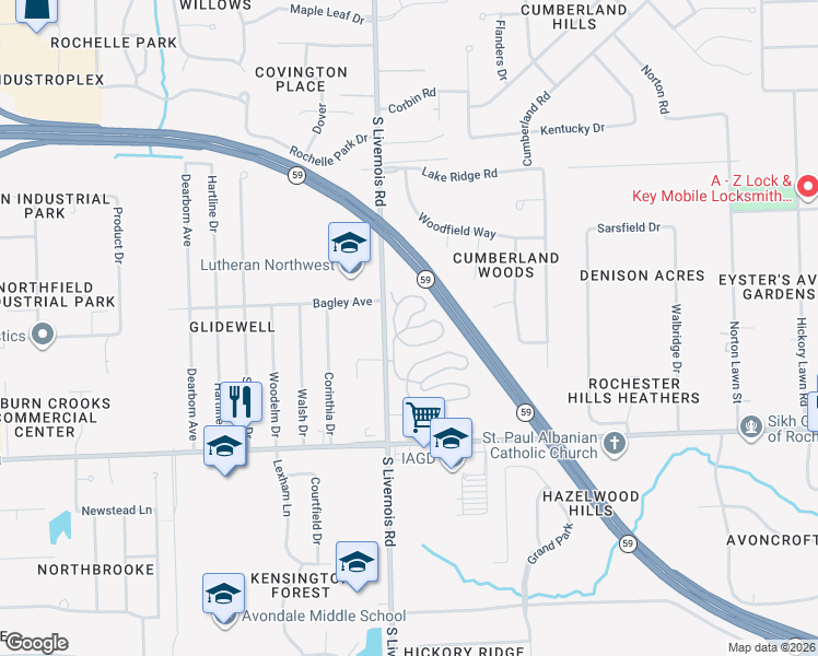 map of restaurants, bars, coffee shops, grocery stores, and more near 2738 Upper Ridge Drive in Rochester Hills