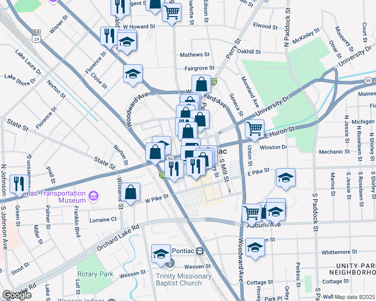 map of restaurants, bars, coffee shops, grocery stores, and more near 18 West Huron Street in Pontiac