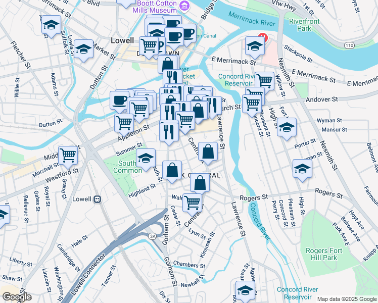 map of restaurants, bars, coffee shops, grocery stores, and more near 38 Chapel Street in Lowell