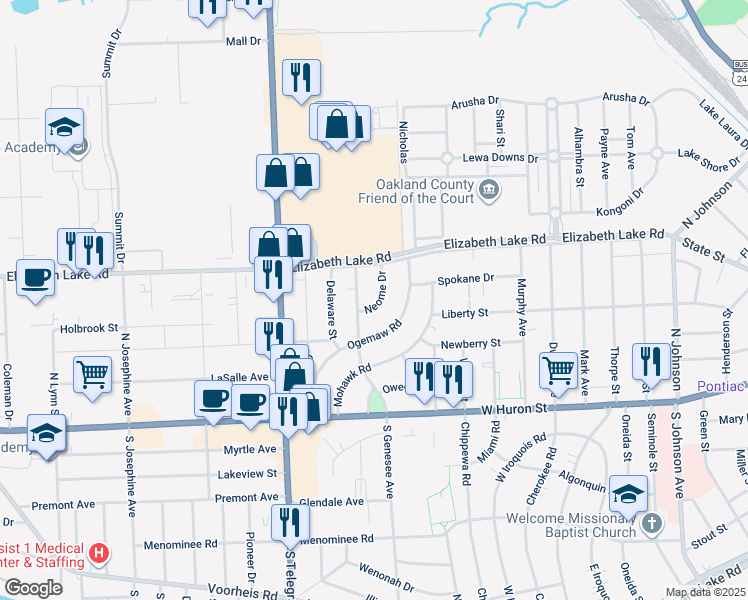map of restaurants, bars, coffee shops, grocery stores, and more near 23 Neome Drive in Pontiac