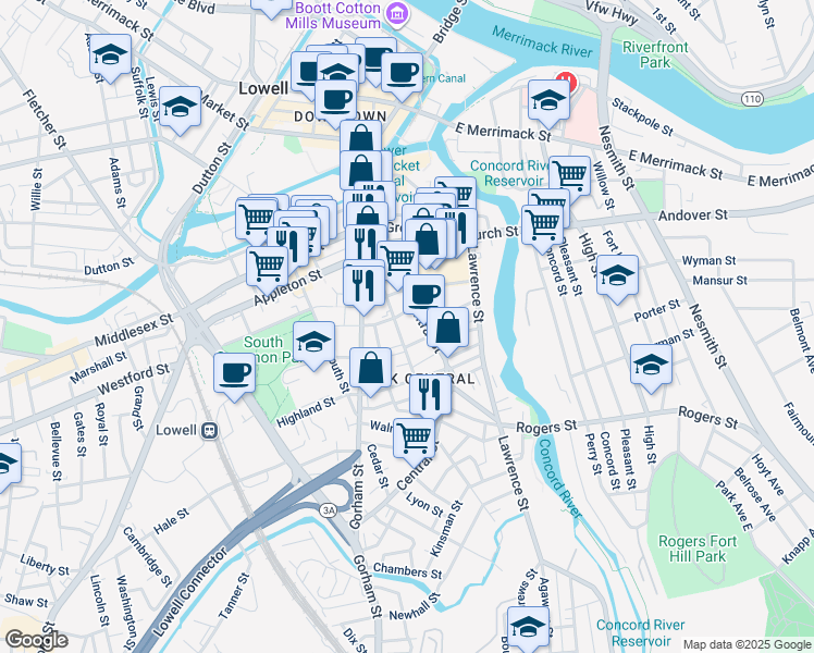 map of restaurants, bars, coffee shops, grocery stores, and more near 38 Chapel Street in Lowell