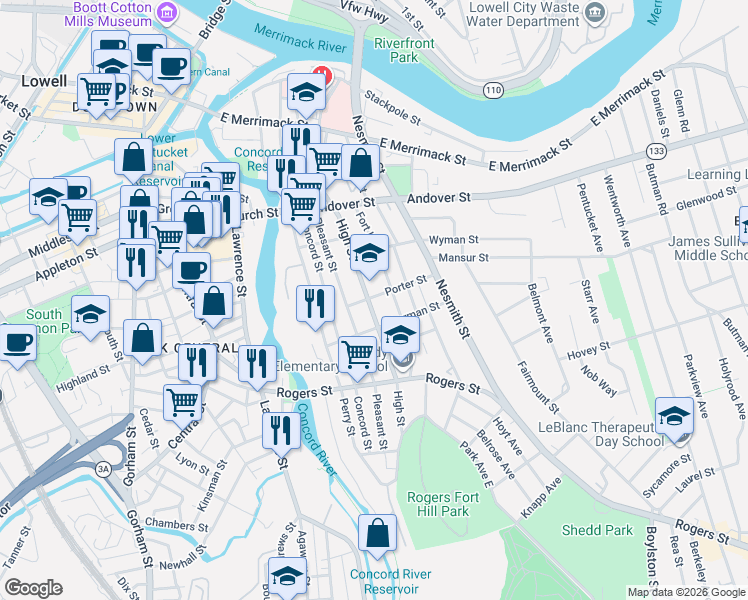 map of restaurants, bars, coffee shops, grocery stores, and more near 115 Fort Hill Avenue in Lowell