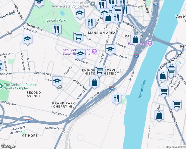 map of restaurants, bars, coffee shops, grocery stores, and more near 102 Clinton Street in Albany