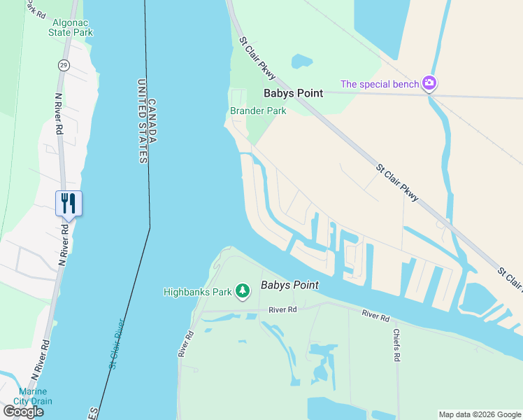 map of restaurants, bars, coffee shops, grocery stores, and more near 4680 Riverside Drive in Port Lambton