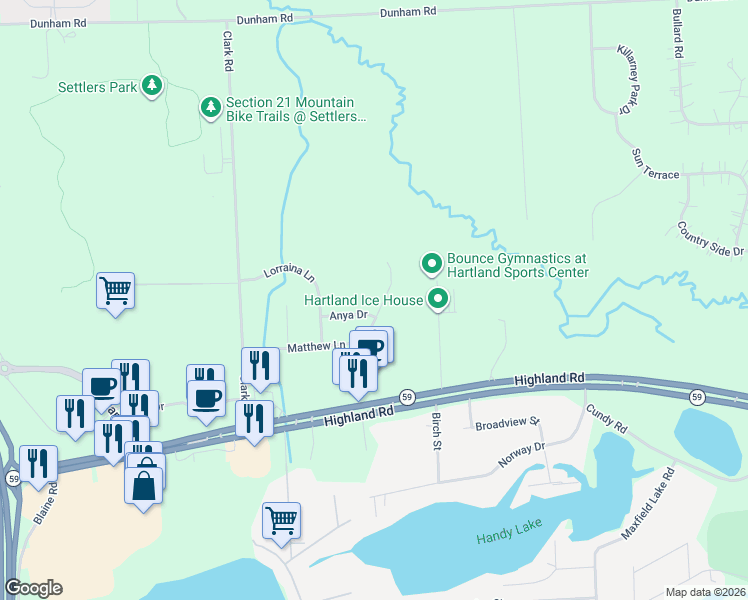 map of restaurants, bars, coffee shops, grocery stores, and more near 11263 Matthew Lane in Hartland