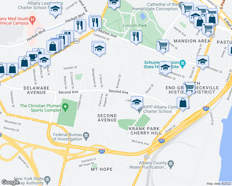 map of restaurants, bars, coffee shops, grocery stores, and more near 166 Second Avenue in Albany