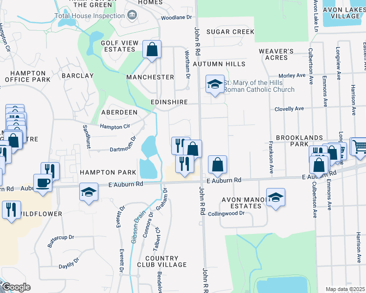 map of restaurants, bars, coffee shops, grocery stores, and more near 2717 Stonebury Drive in Rochester Hills