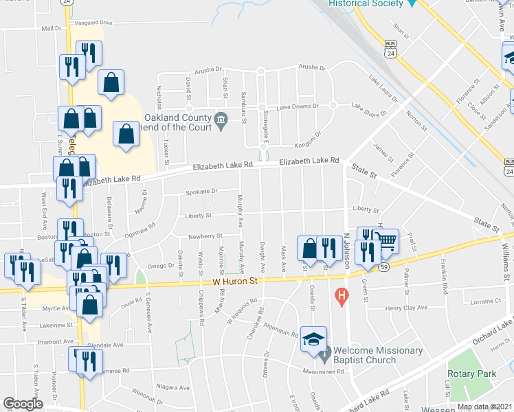 map of restaurants, bars, coffee shops, grocery stores, and more near 123 Dwight Avenue in Pontiac