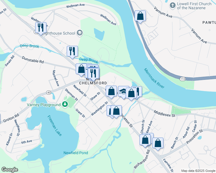 map of restaurants, bars, coffee shops, grocery stores, and more near 20 Middlesex Street in Chelmsford