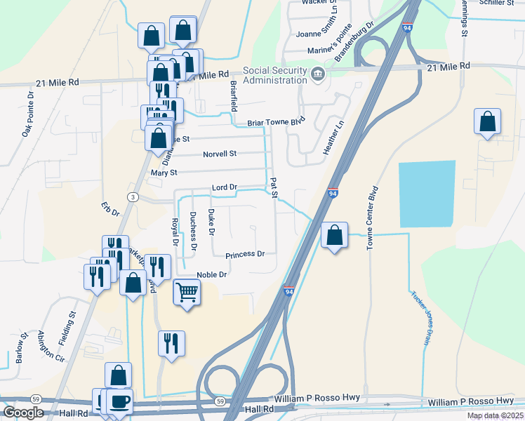 map of restaurants, bars, coffee shops, grocery stores, and more near 25844 Regal Drive in New Baltimore