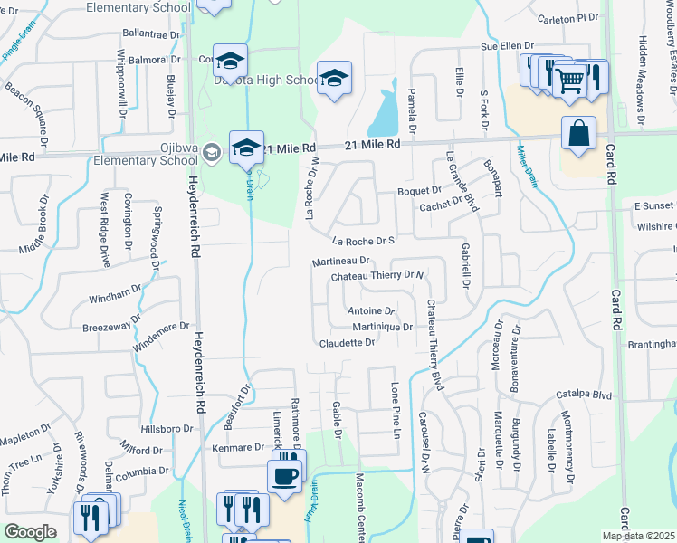 map of restaurants, bars, coffee shops, grocery stores, and more near 21043 Chateau Thierry Drive North in Macomb