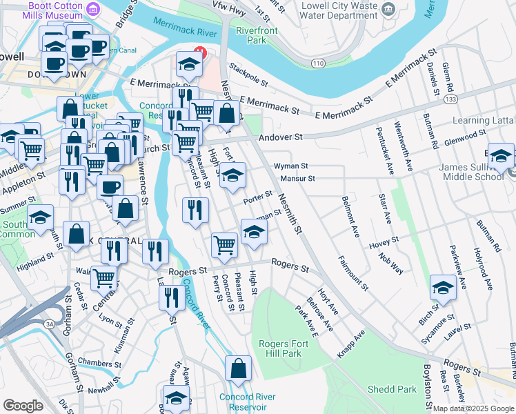 map of restaurants, bars, coffee shops, grocery stores, and more near 66 Huntington Street in Lowell