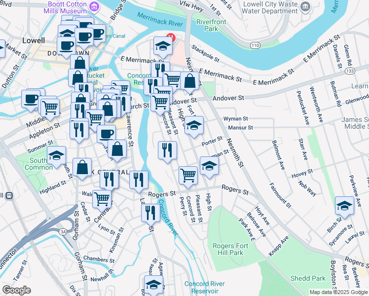 map of restaurants, bars, coffee shops, grocery stores, and more near 114 Pleasant Street in Lowell