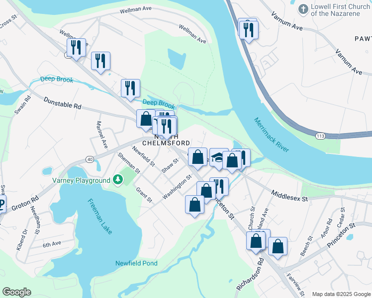 map of restaurants, bars, coffee shops, grocery stores, and more near 12 Middlesex Street in Chelmsford