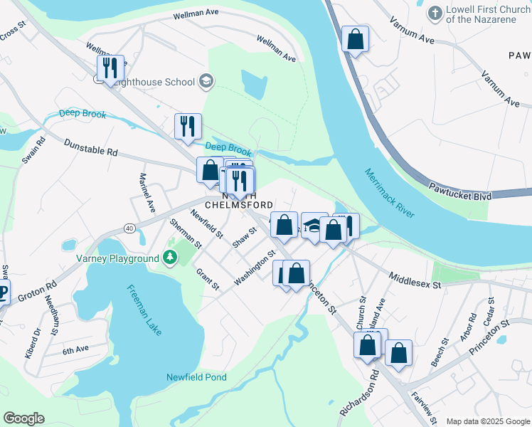 map of restaurants, bars, coffee shops, grocery stores, and more near 12 Middlesex Street in Chelmsford