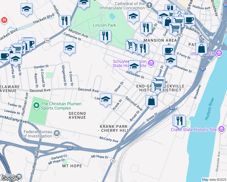 map of restaurants, bars, coffee shops, grocery stores, and more near 36 Sloan Street in Albany