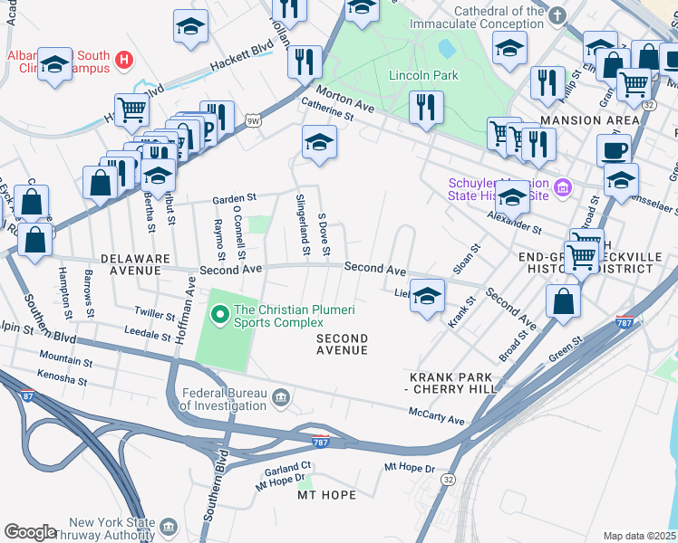 map of restaurants, bars, coffee shops, grocery stores, and more near 196 Second Avenue in Albany