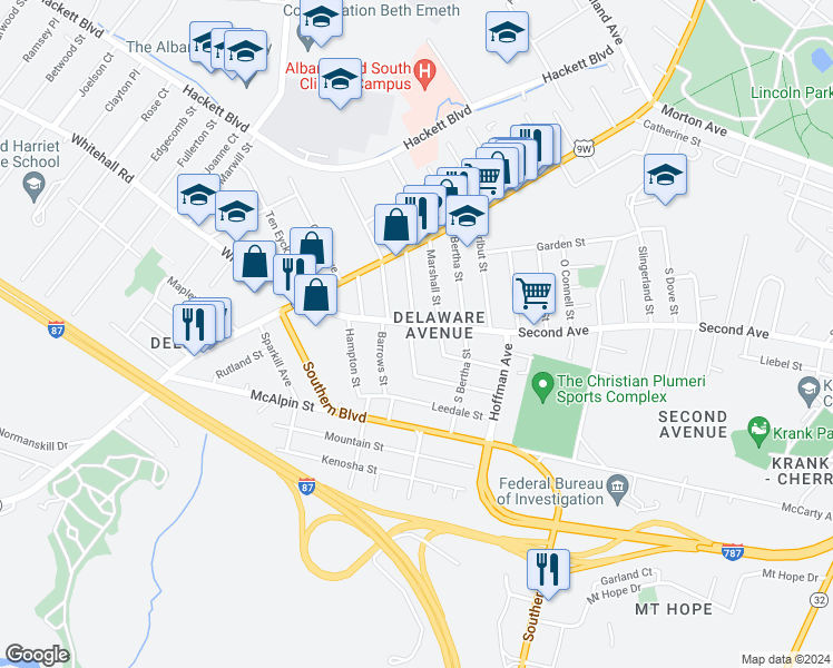 map of restaurants, bars, coffee shops, grocery stores, and more near 402 Second Avenue in Albany