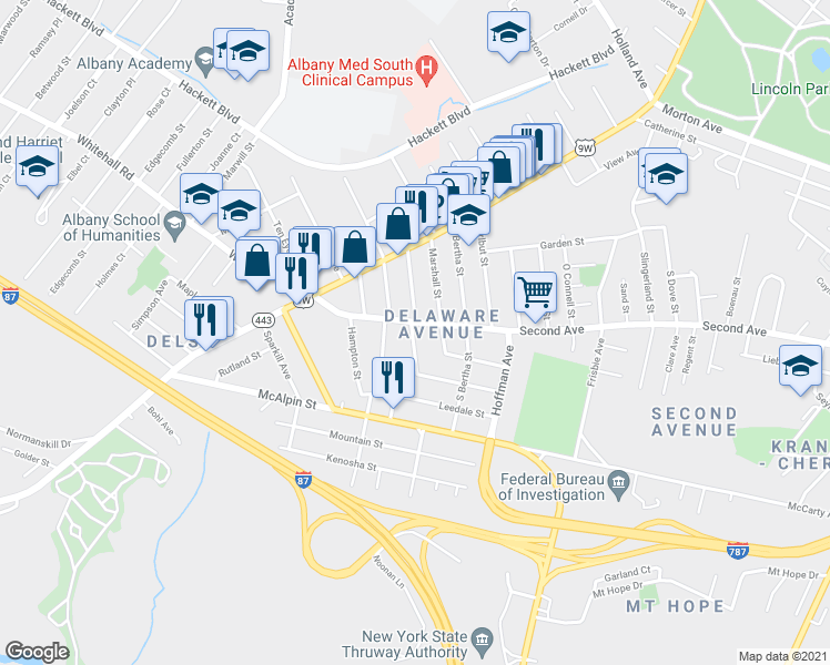 map of restaurants, bars, coffee shops, grocery stores, and more near 402 Second Avenue in Albany