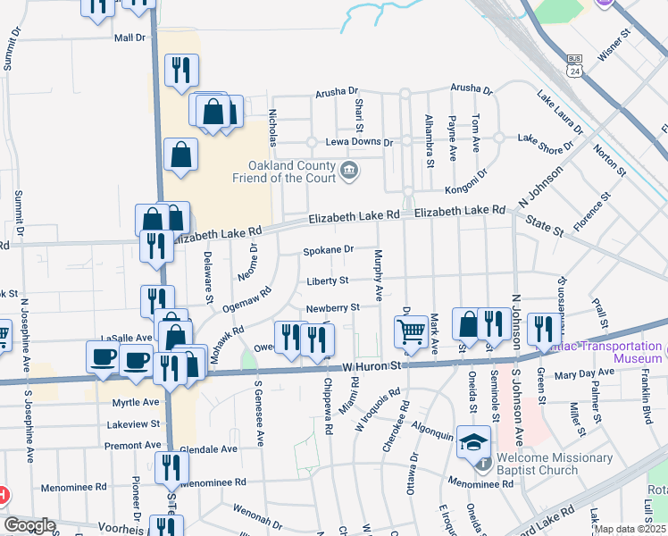 map of restaurants, bars, coffee shops, grocery stores, and more near 290 Liberty Street in Pontiac