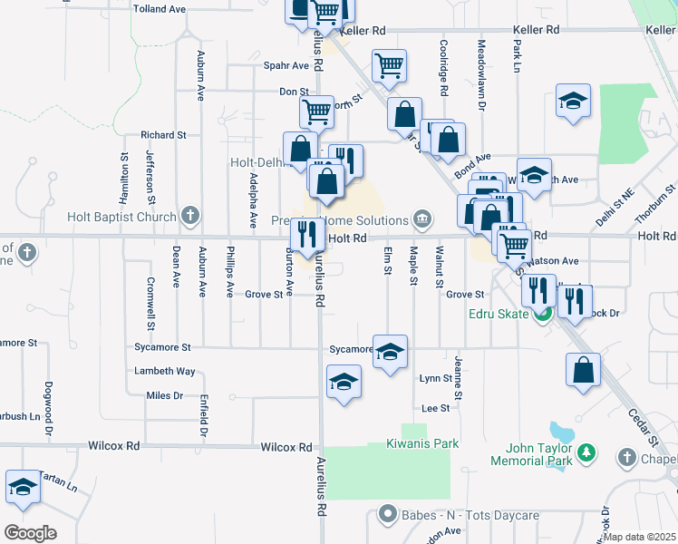 map of restaurants, bars, coffee shops, grocery stores, and more near 1966 North Aurelius Road in Delhi charter Township