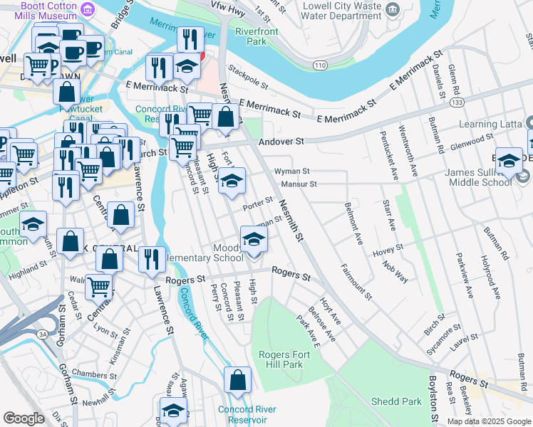 map of restaurants, bars, coffee shops, grocery stores, and more near 66 Huntington Street in Lowell