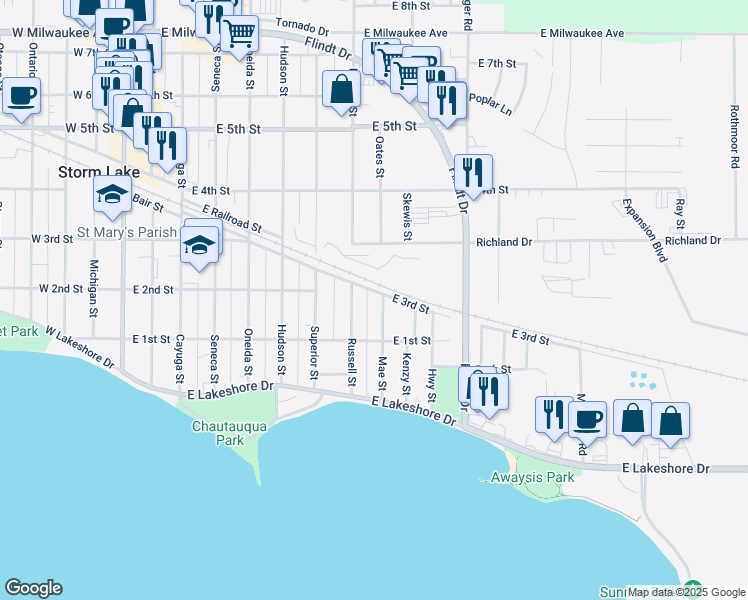 map of restaurants, bars, coffee shops, grocery stores, and more near 228 Mae Street in Storm Lake