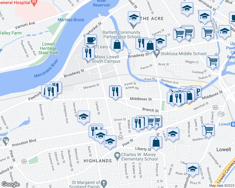 map of restaurants, bars, coffee shops, grocery stores, and more near 14 Gilbride Terrace in Lowell