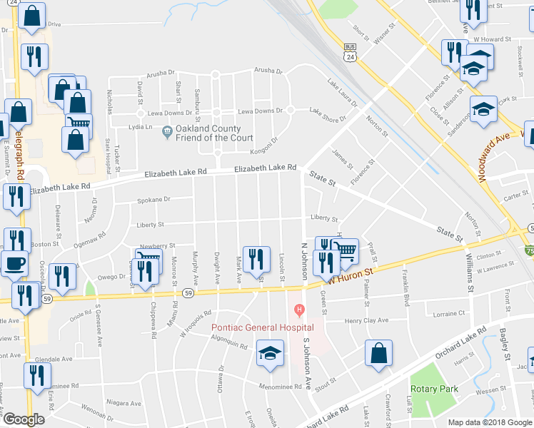 map of restaurants, bars, coffee shops, grocery stores, and more near 118 Thorpe Street in Pontiac