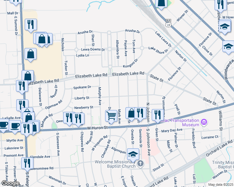 map of restaurants, bars, coffee shops, grocery stores, and more near 123 Mark Avenue in Pontiac