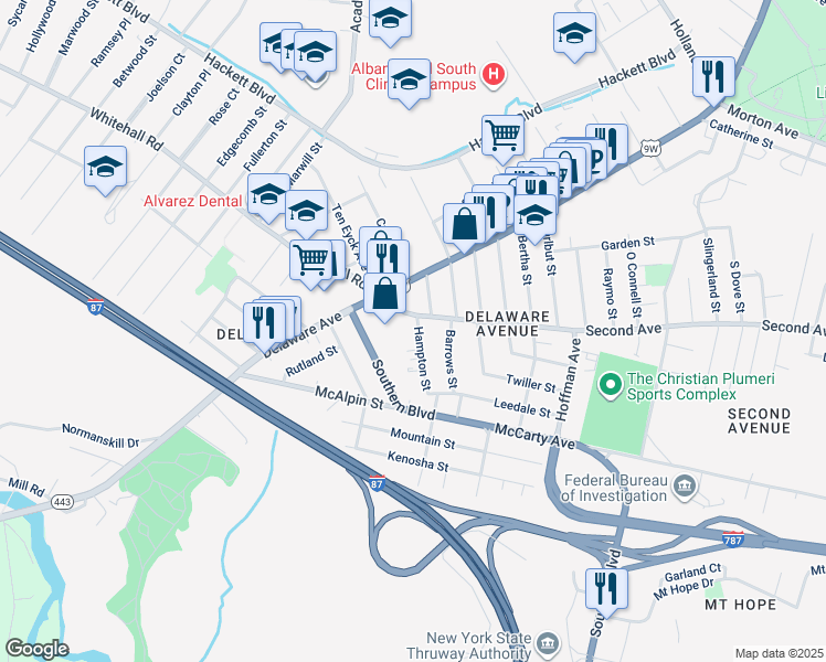map of restaurants, bars, coffee shops, grocery stores, and more near 3 Hampton Street in Albany