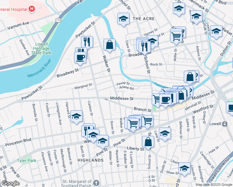map of restaurants, bars, coffee shops, grocery stores, and more near 276 Walker Street in Lowell