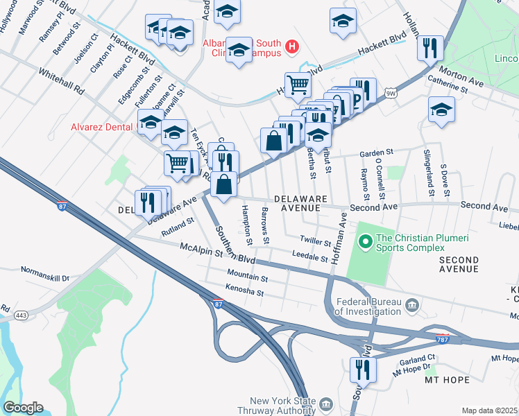 map of restaurants, bars, coffee shops, grocery stores, and more near 7 Barrows St in Albany