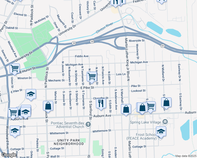 map of restaurants, bars, coffee shops, grocery stores, and more near 32 North Ardmore Street in Pontiac