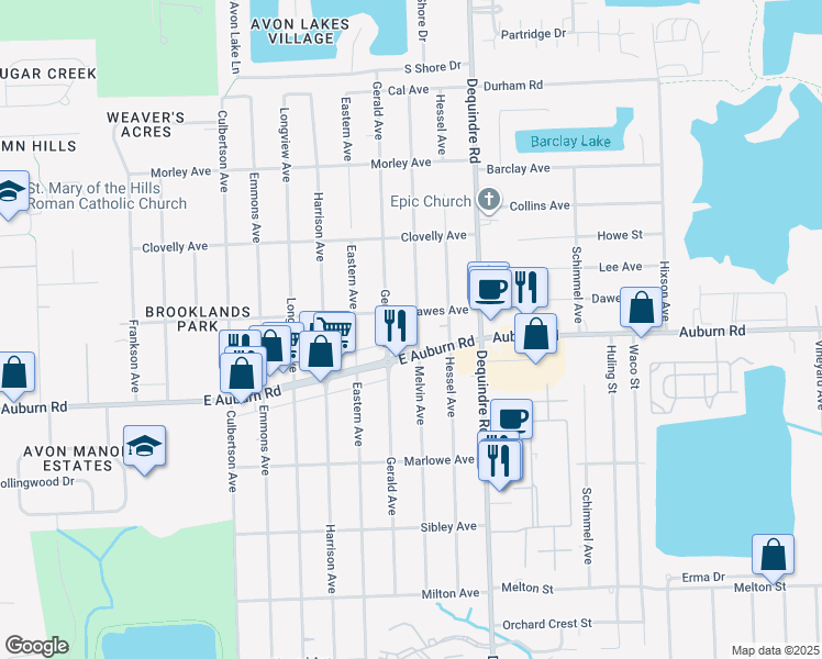 map of restaurants, bars, coffee shops, grocery stores, and more near 2834 Melvin Avenue in Rochester Hills