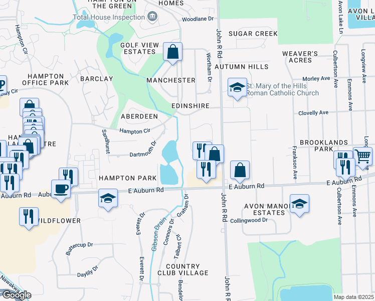 map of restaurants, bars, coffee shops, grocery stores, and more near 2676 Stonebury Drive in Rochester Hills