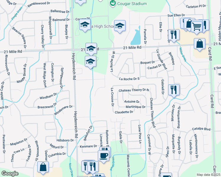 map of restaurants, bars, coffee shops, grocery stores, and more near 46395 La Crosse Drive in Macomb