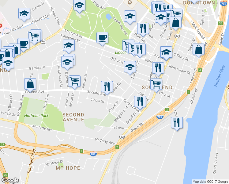 map of restaurants, bars, coffee shops, grocery stores, and more near 36 Sloan Street in Albany