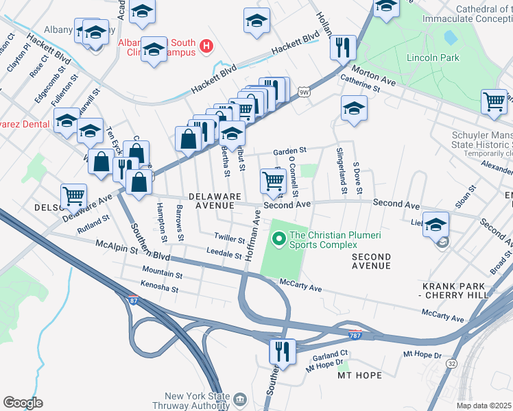 map of restaurants, bars, coffee shops, grocery stores, and more near 2nd Ave & Hoffman Ave in Albany