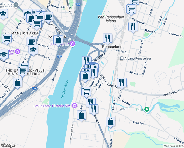 map of restaurants, bars, coffee shops, grocery stores, and more near 250 Broadway in Rensselaer